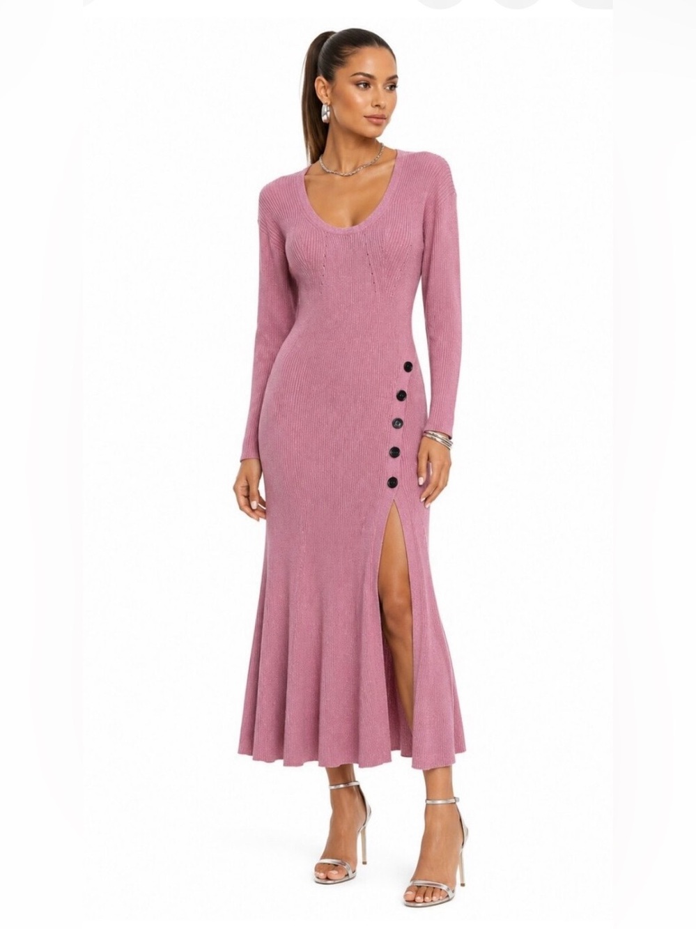Self-Portrait Smoked Pink Lurex Rib Knit Midi